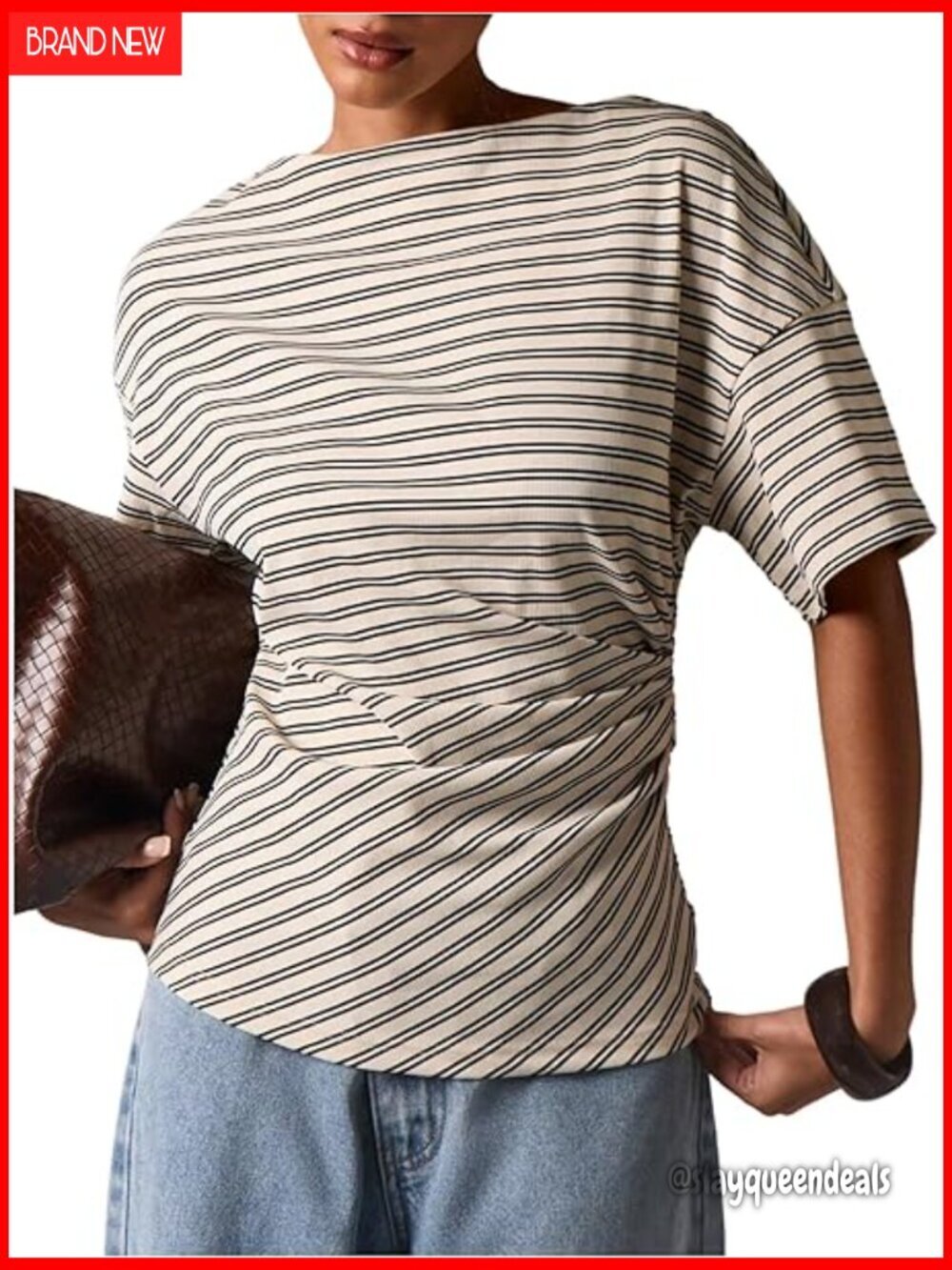 Striped Boat Neck Half Sleeve T-Shirt Fitted Waist Ruched Summer Top